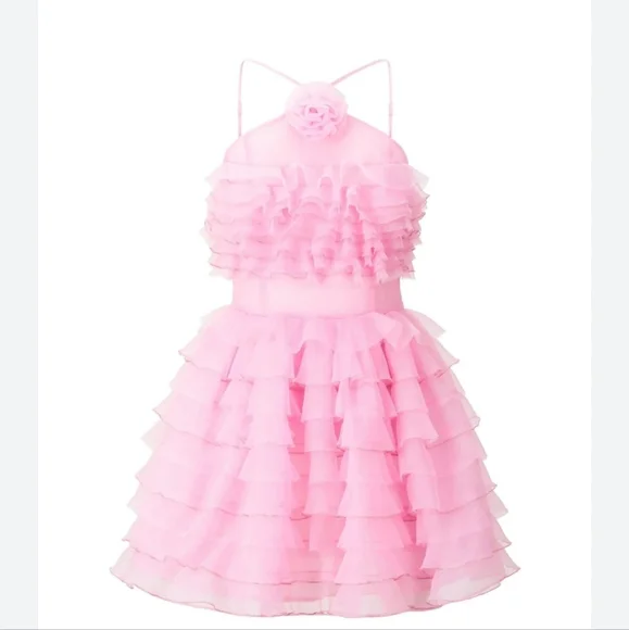 NWT STAUD Florian Rosette Appliqued Tulip Pink Ruffled Organza Mini Dress Size 8 - Picture 2 of 14